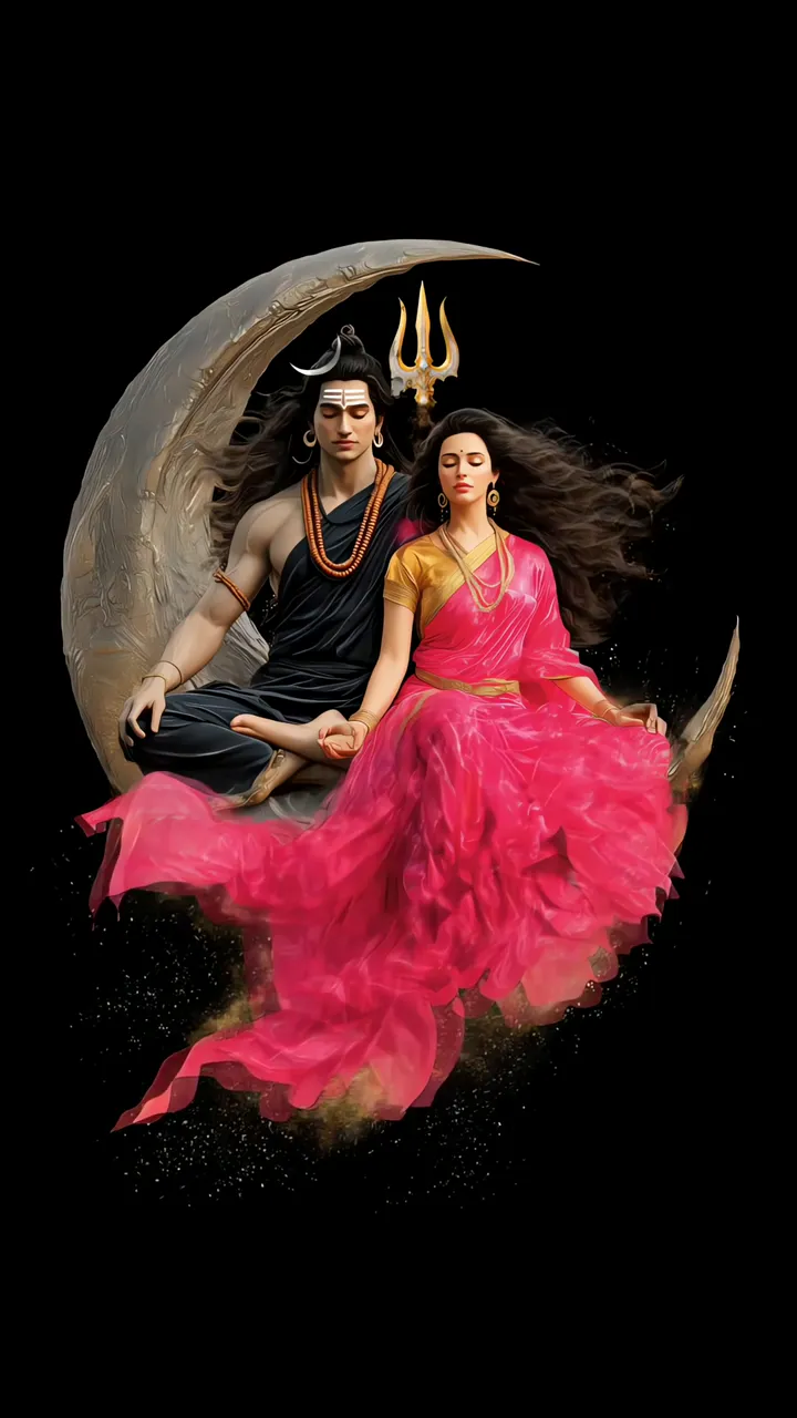 Shiva And Parvati Meditating On Crescent Moon With Trishul