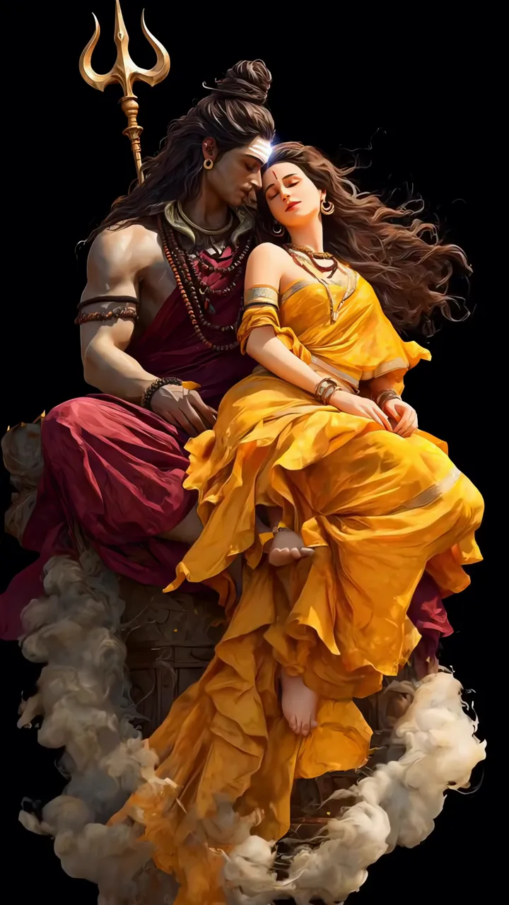 Shiva And Parvati Divine Love Scene With Trishul