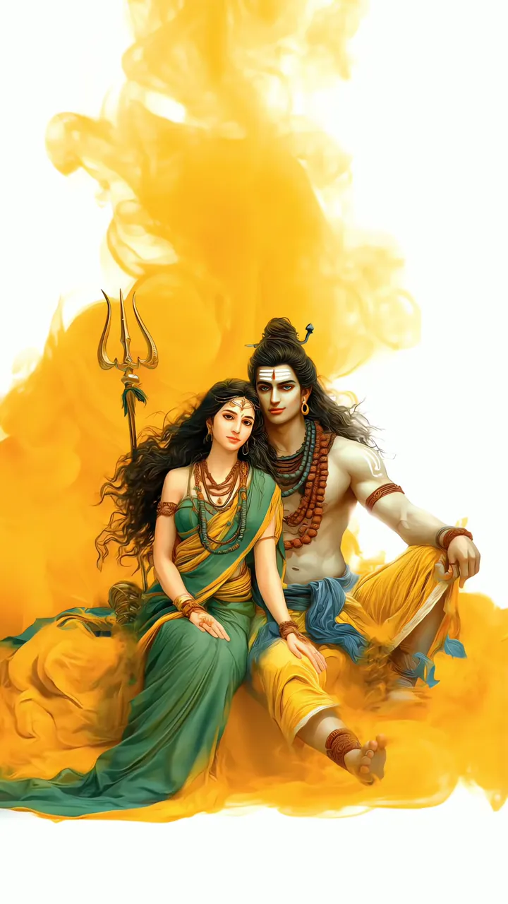 Shiva And Parvati Devotional Couple With Trishul And Golden Aura