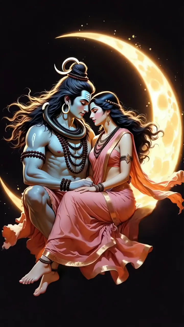 Shiva And Parvati Romantic Moonlight Scene