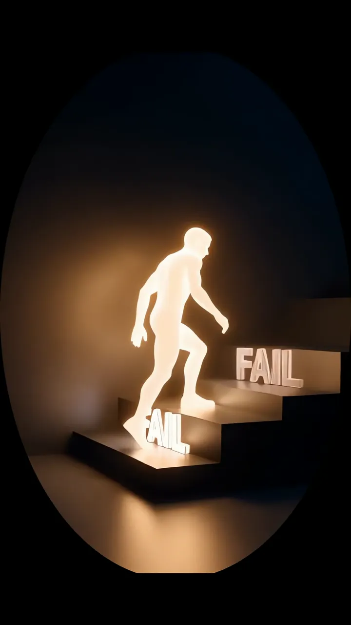 Motivational Man Climbing Stairs Of Failure With Glowing Steps