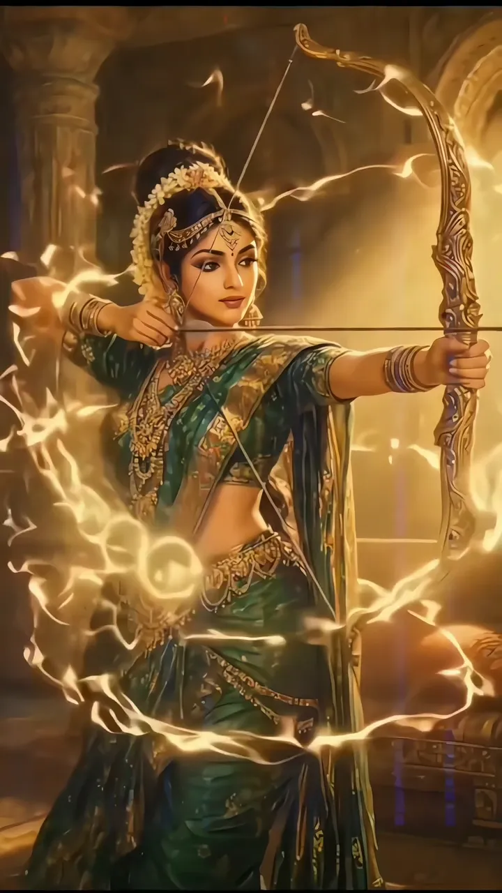 Divine Archer Goddess With Golden Bow And Electric Aura