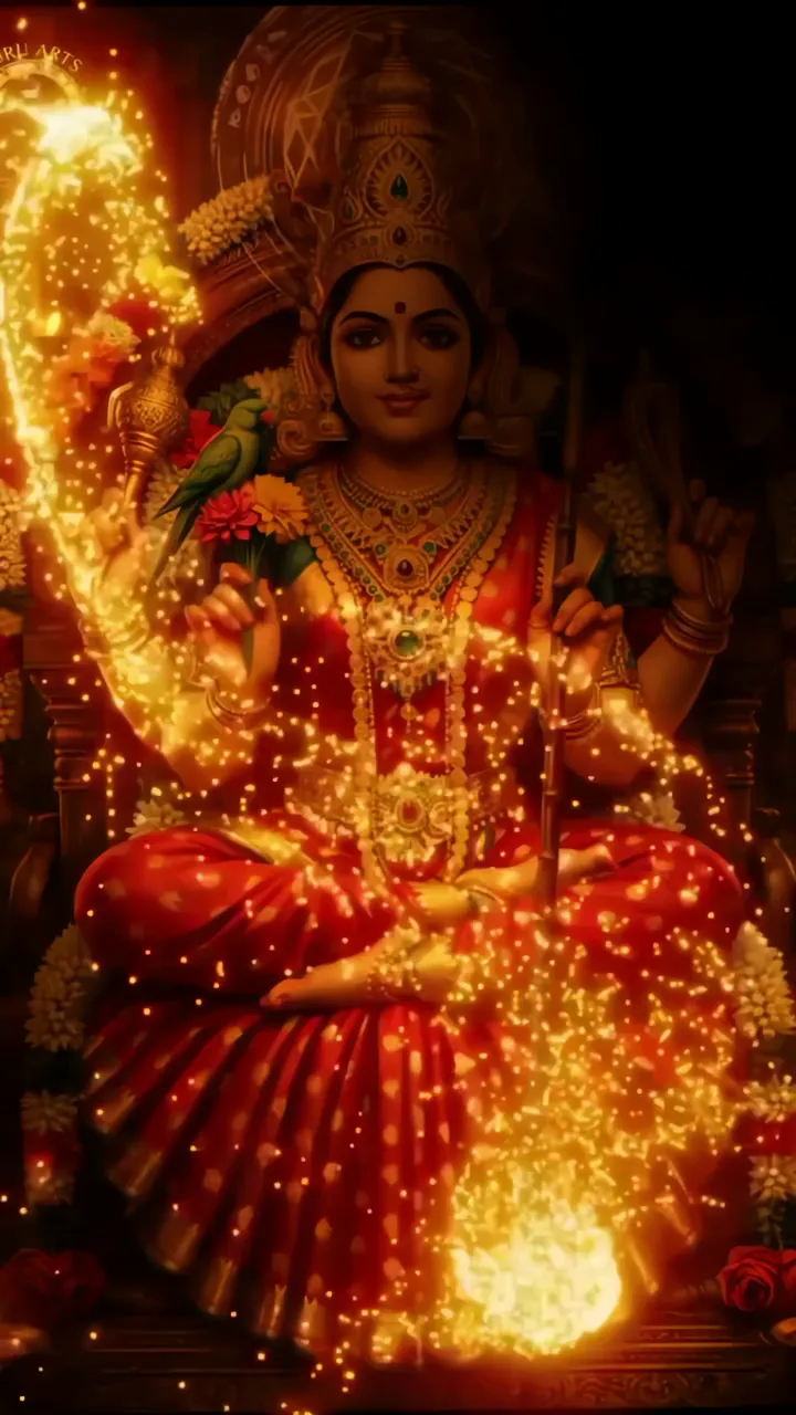 Goddess Durga With Golden Fire And Parrot
