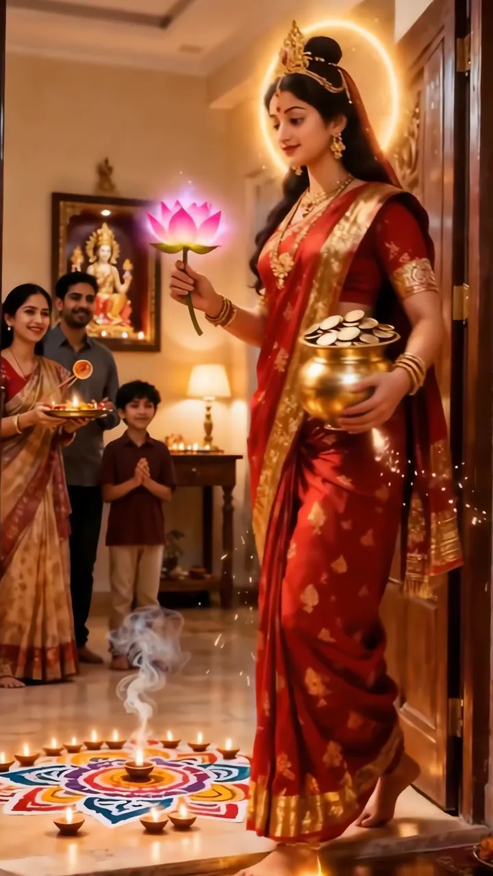 Lakshmi Goddess With Lotus And Gold Coins Diwali Welcome