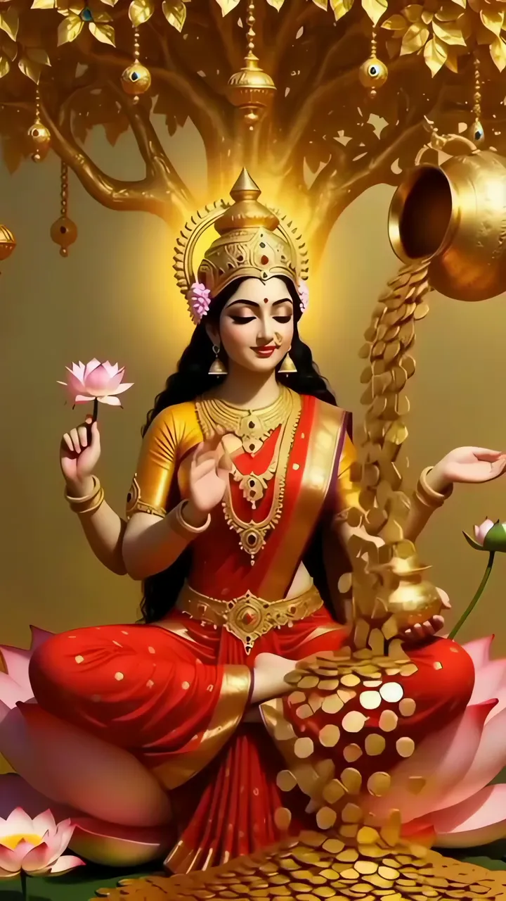 Lakshmi Goddess Of Wealth Sitting Under Golden Tree With Lotus And Coins