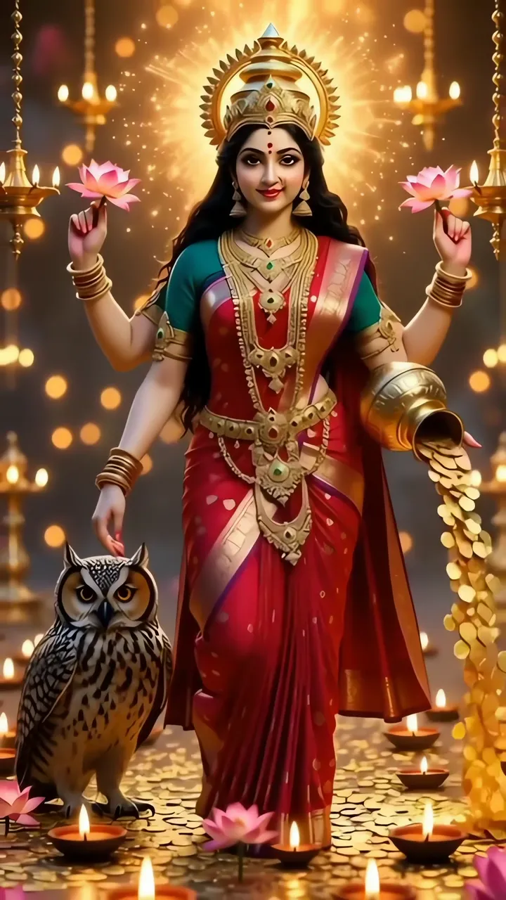 Goddess Saraswati With Owl And Lotus Golden Temple Scene