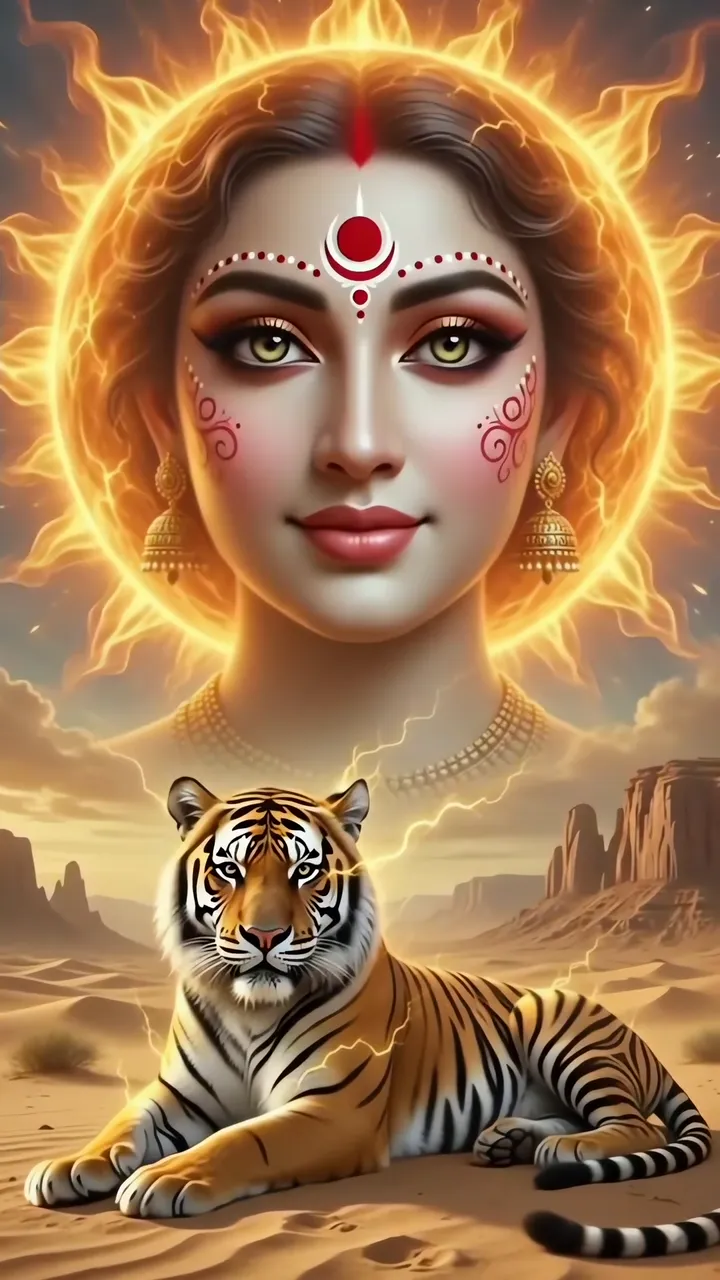 Solar Goddess With Tiger In Desert Sun Aura