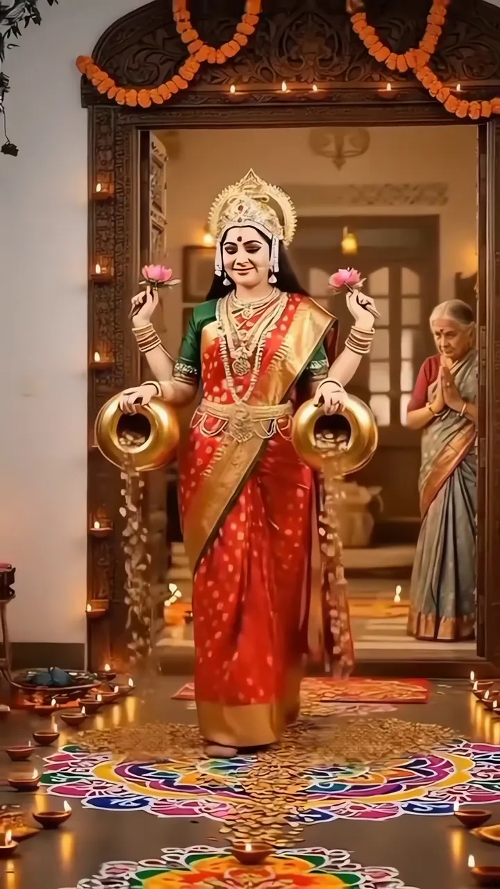 Durga Devi With Lotus And Golden Pots In Temple Scene