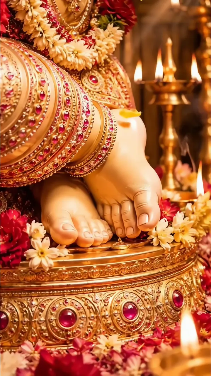 Ganesh Ji Divine Feet With Red Flowers And Golden Temple Decor