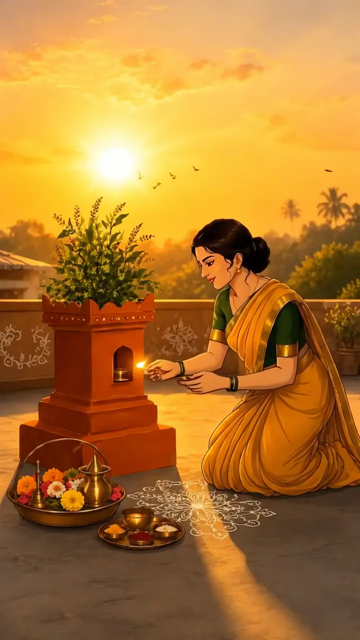 Woman Performing Puja At Sunset With Floral Offering And Diya