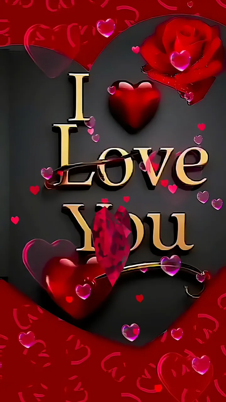 I Love You Golden Text With Red Rose And Floating Hearts