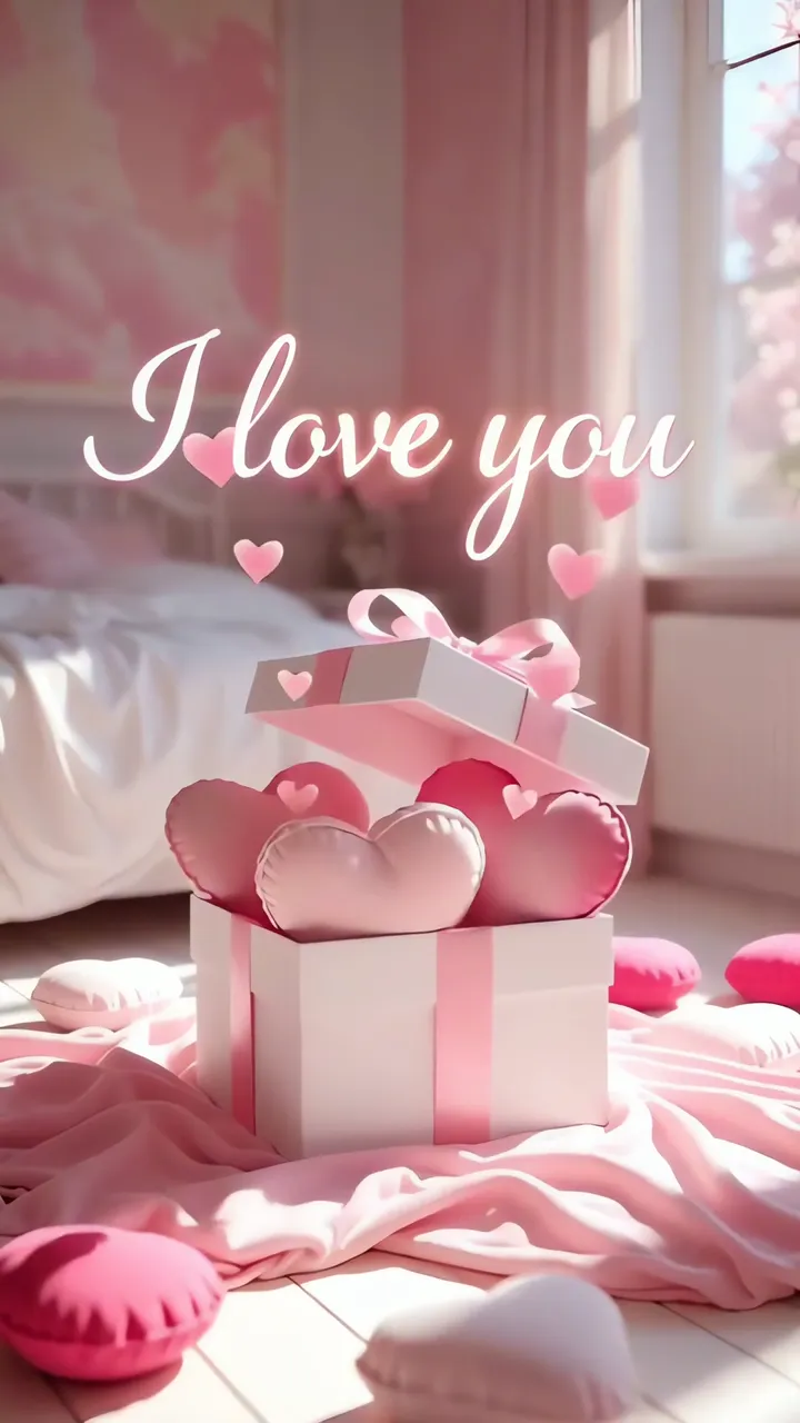 Pink Gift Box With Hearts And I Love You Message