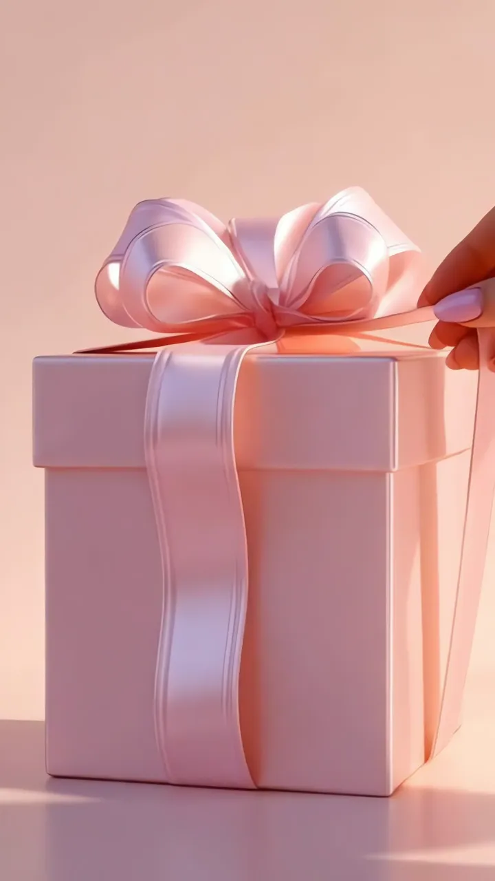 Hand Unwrapping Pink Gift Box With Satin Bow