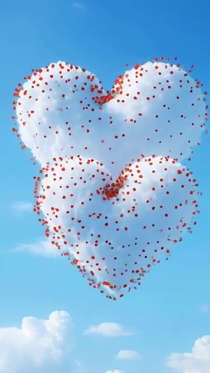 Heart-Shaped Cloud With Falling Rose Petals In Blue Sky