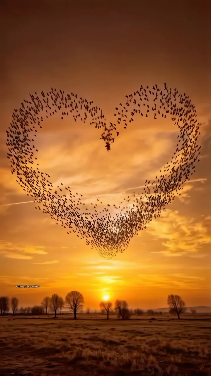 Heart Shape Formed By Birds Flying Over Sunset Field