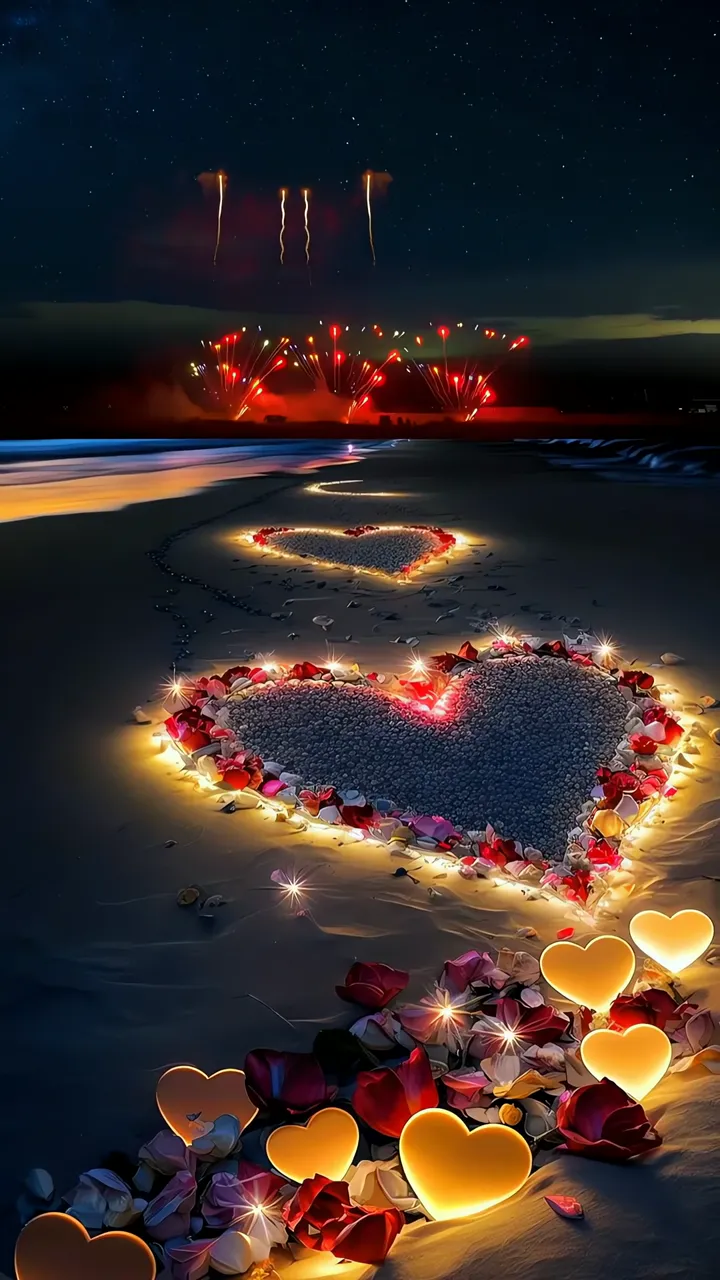 Romantic Heart Shape On Beach With Fireworks And Rose Petals
