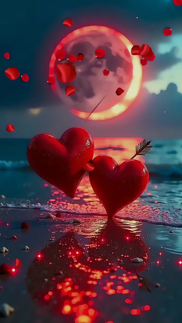 Two Red Hearts On Beach With Rose Petals And Red Moon