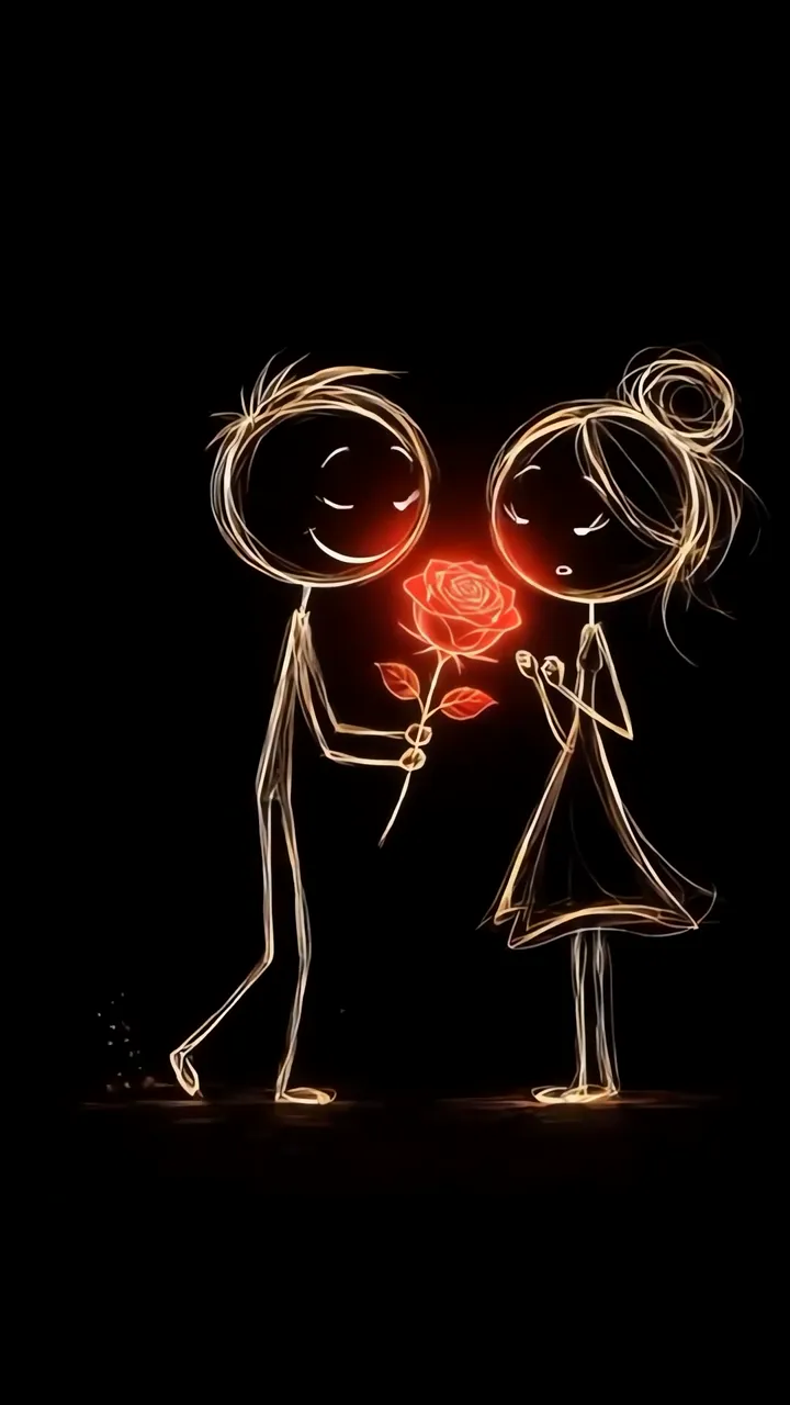 Stick Figure Boy Offering Red Rose To Girl Romantic Glow