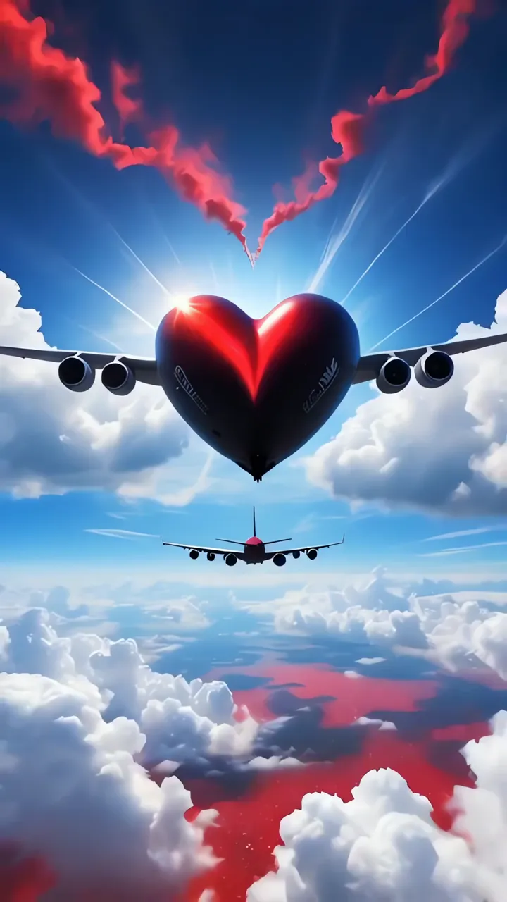 Heart-Shaped Airplane Flying Above Clouds With Red Smoke Trail