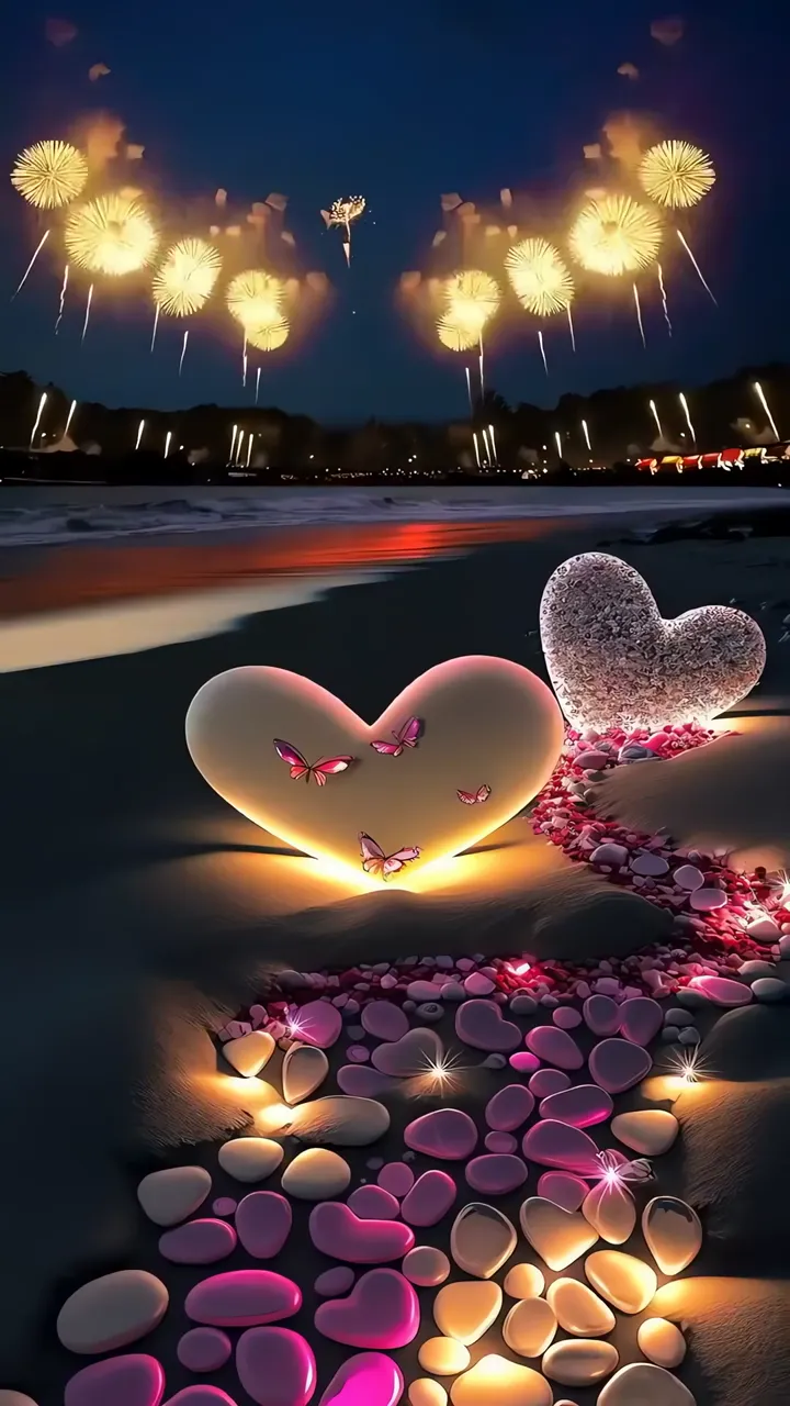 Heart Shaped Stones With Fireworks And Butterflies On Beach