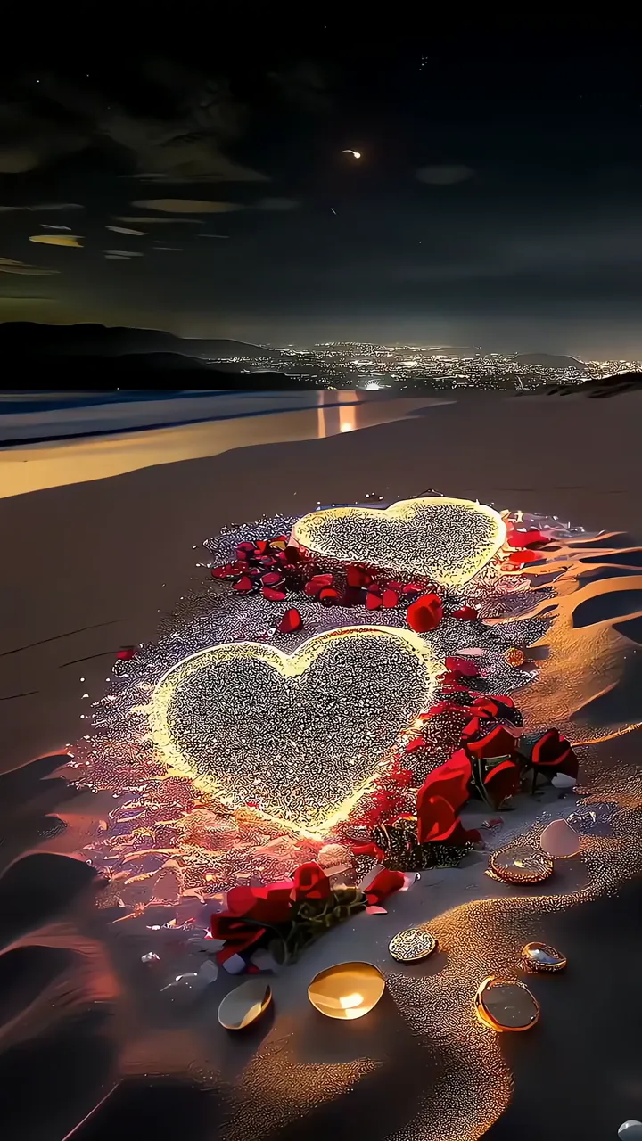 Romantic Heart Shape On Beach With Red Roses And City Lights