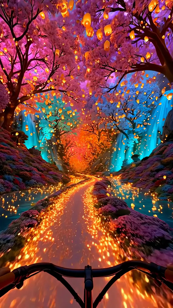 Bicycle Ride Through Magical Lantern Forest With Glowing Path