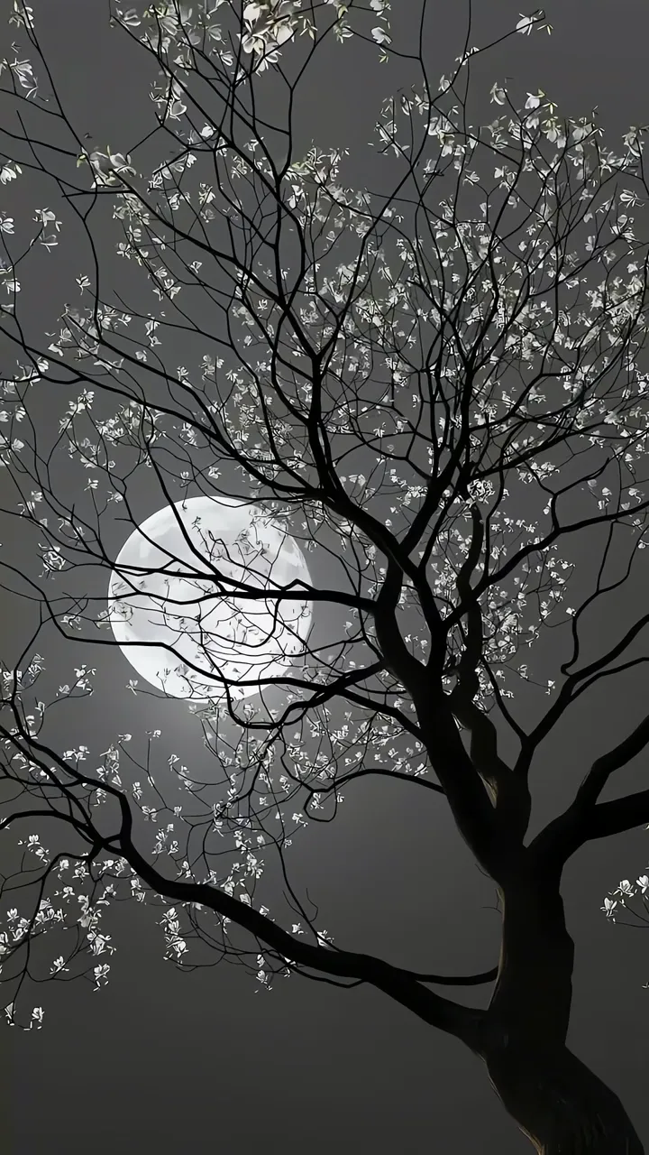 Silhouette Tree With Moon And Blooming Branches