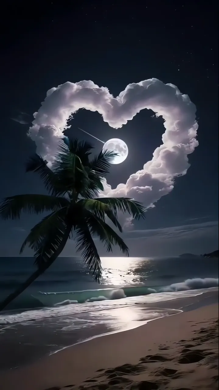 Moonlit Beach Night Scene With Heart-Shaped Clouds