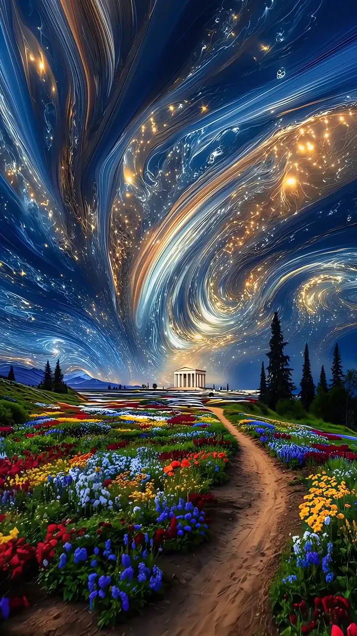 Starry Sky Temple Path Through Colorful Flower Field