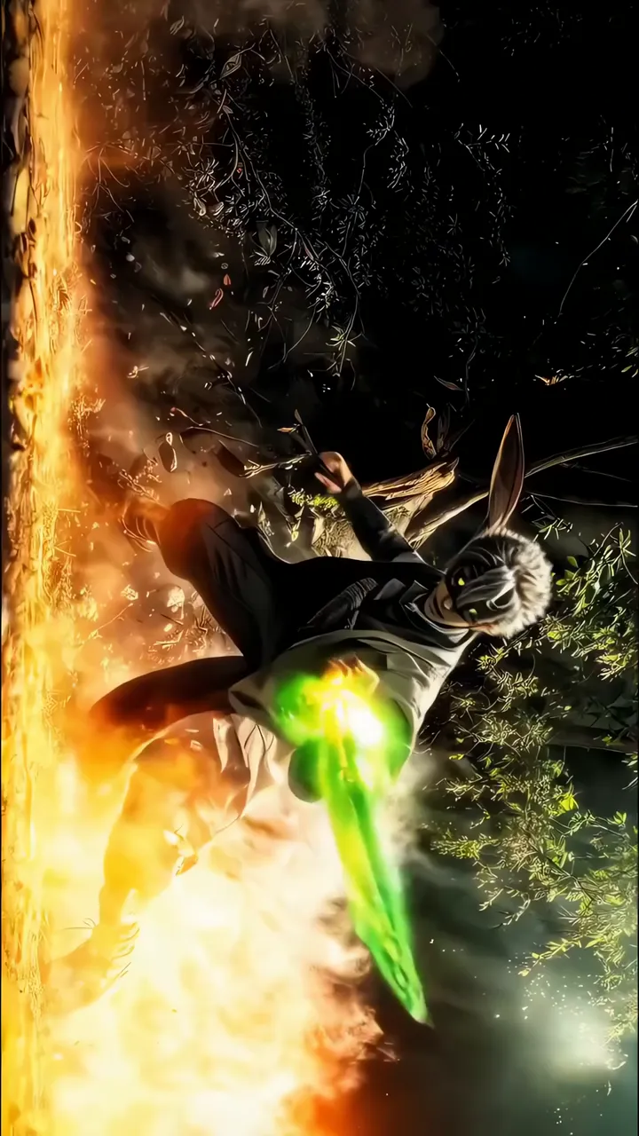 Anime Rabbit With Green Energy Sword In Fiery Forest