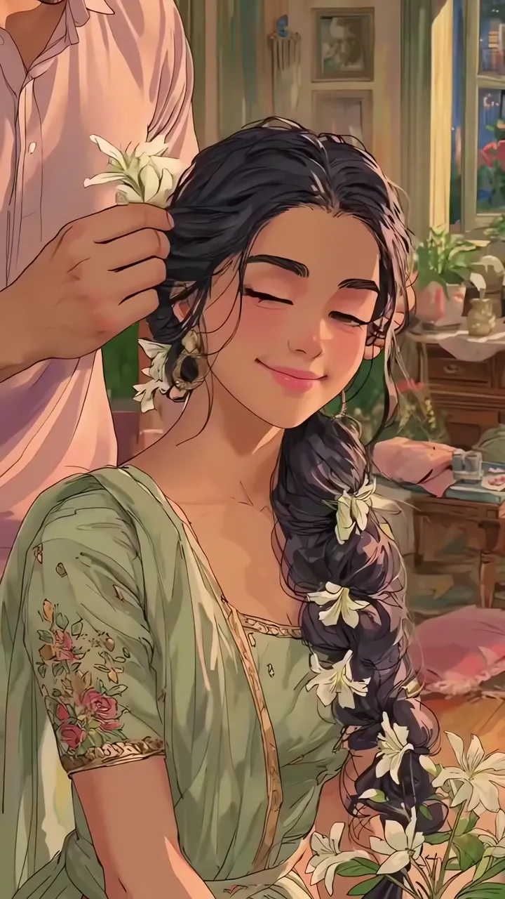 Anime Girl With Lily Hair Braid Romantic Indoor Scene