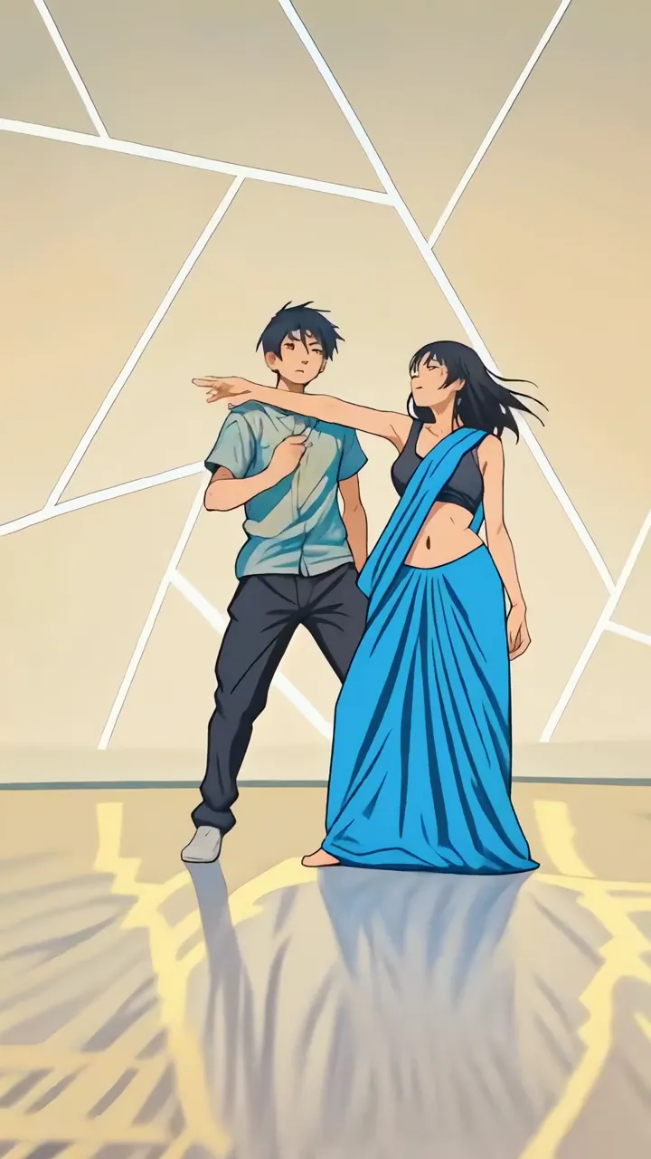 Anime Couple Dancing In Geometric Room With Blue Saree