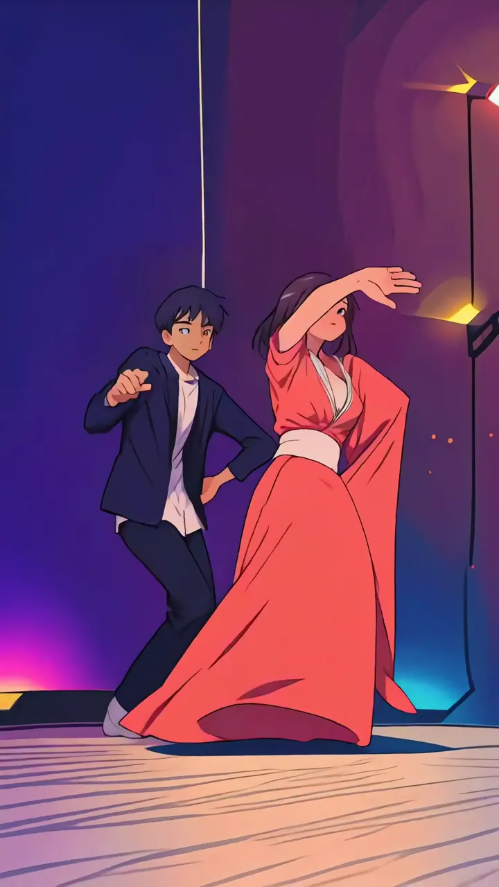 Anime Couple Dancing In Vibrant Stage Lights