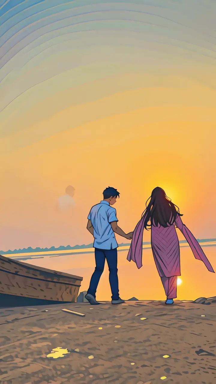 Couple Walking Hand In Hand On Sunset Beach