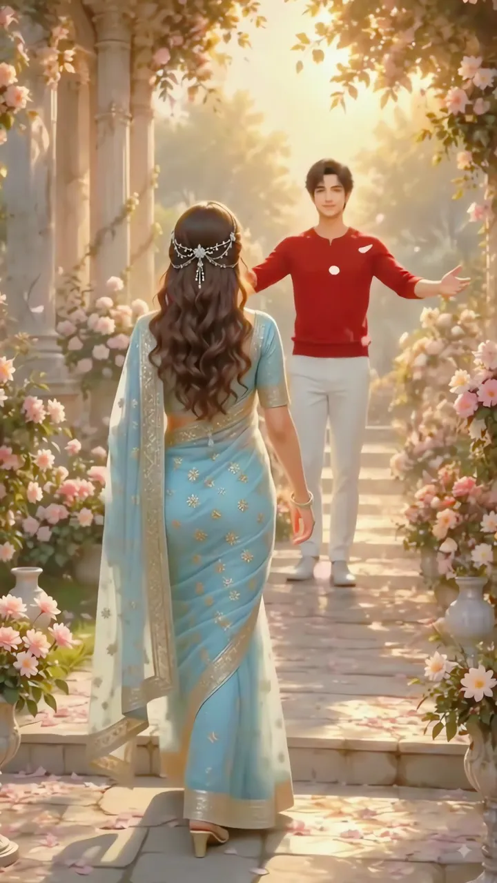Romantic Couple Walking Through Rose Garden Path
