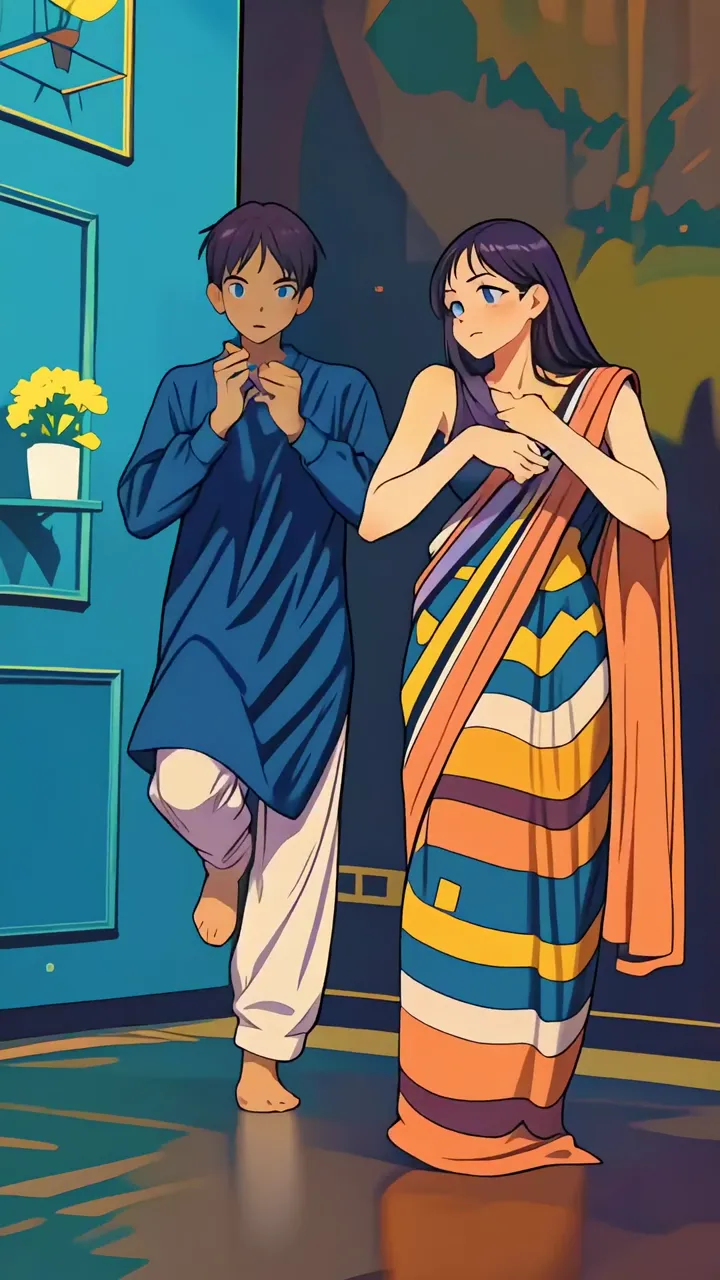 Anime Couple In Traditional Indian Attire Cozy Indoor Scene