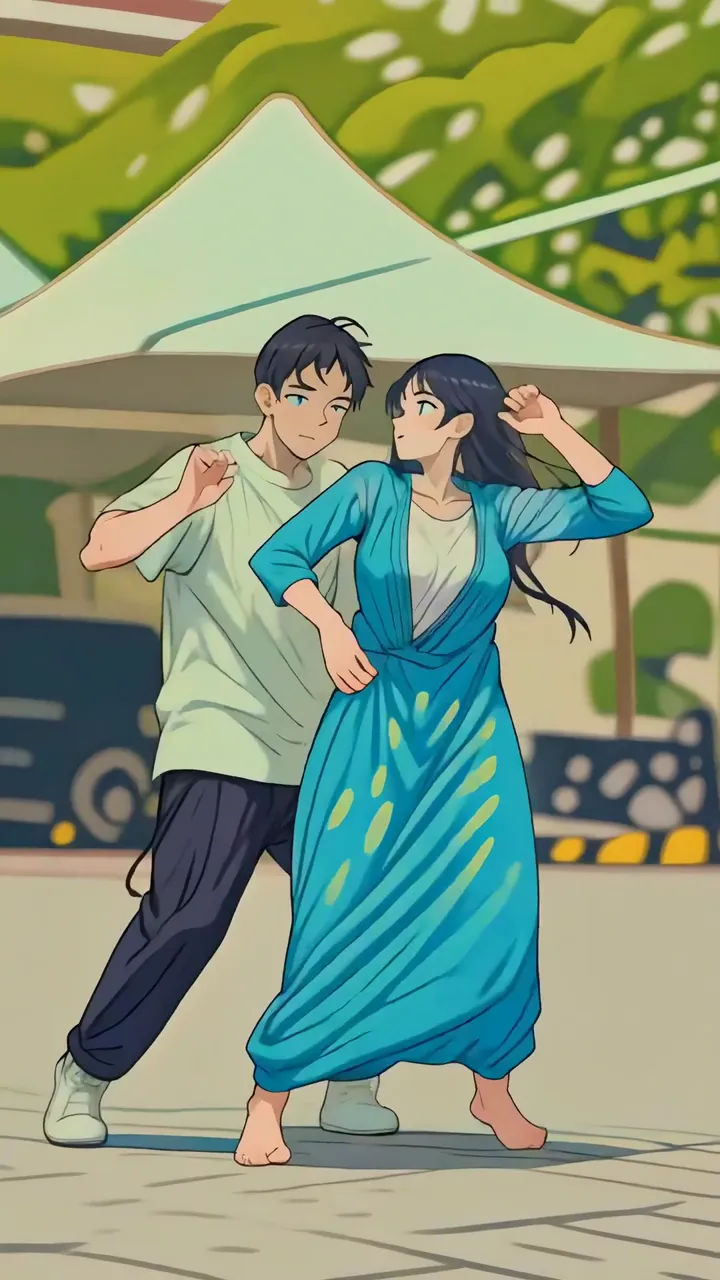 Anime Couple Dancing Under Green Canopy Outdoor Scene