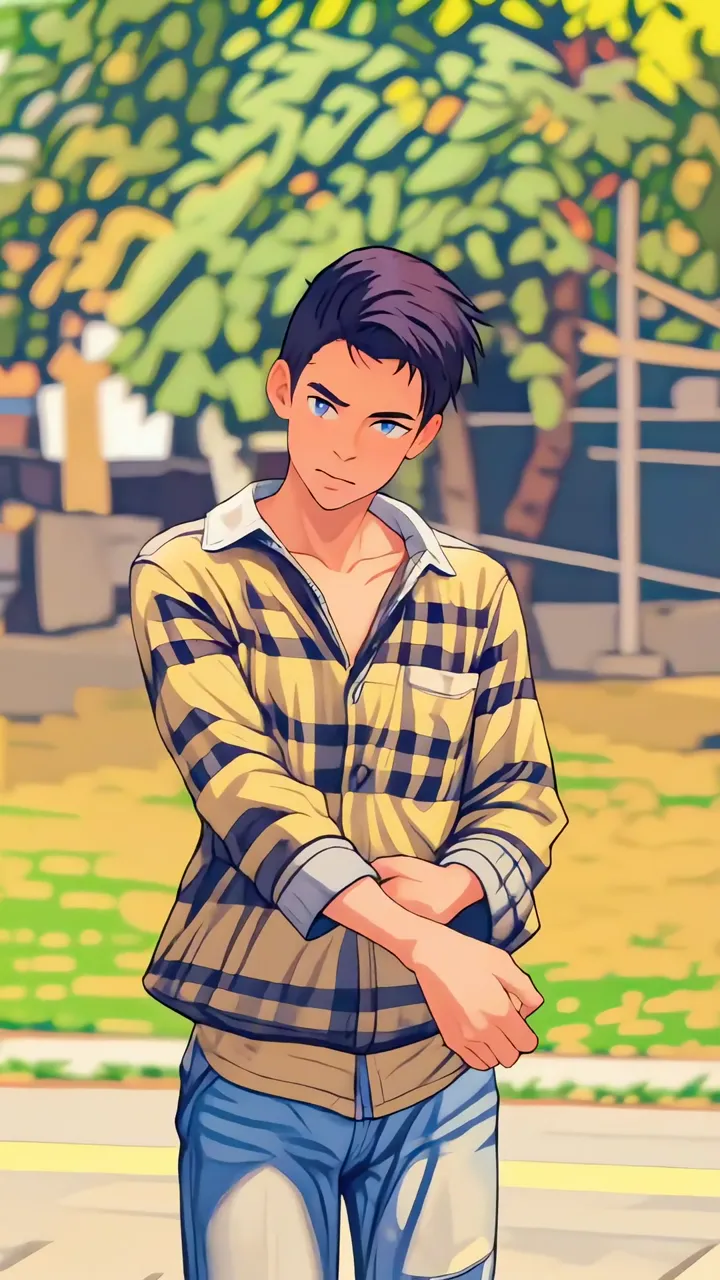 Anime Boy In Plaid Shirt Standing Under Tree