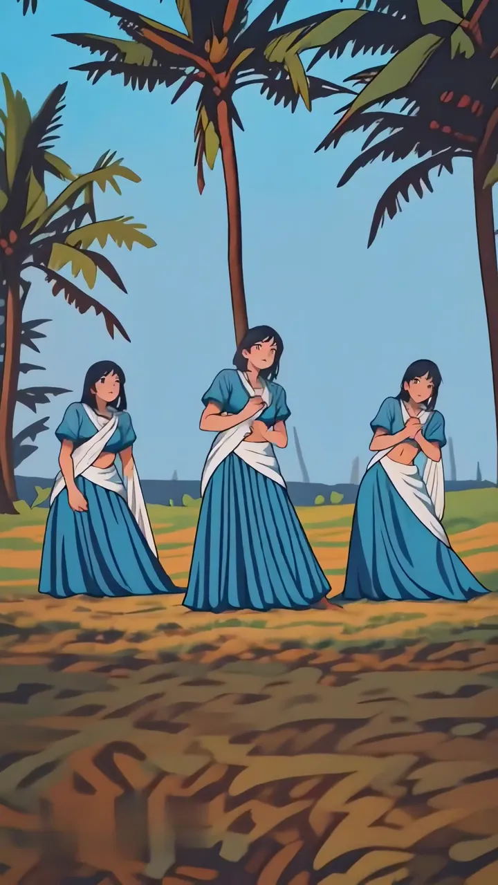 Three Anime Girls In Blue Saree Farm Field With Palm Trees