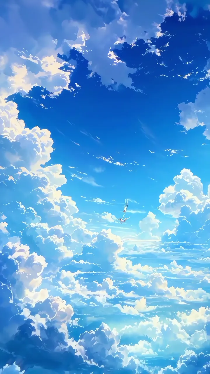 Suzume Flying Through Clouds In Vibrant Blue Sky Anime
