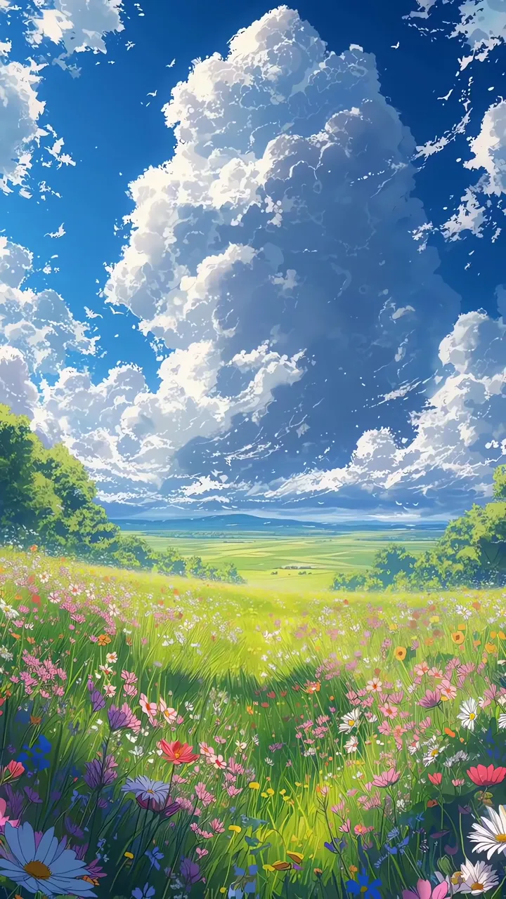 Vibrant Meadow Field With Colorful Wildflowers And Blue Sky