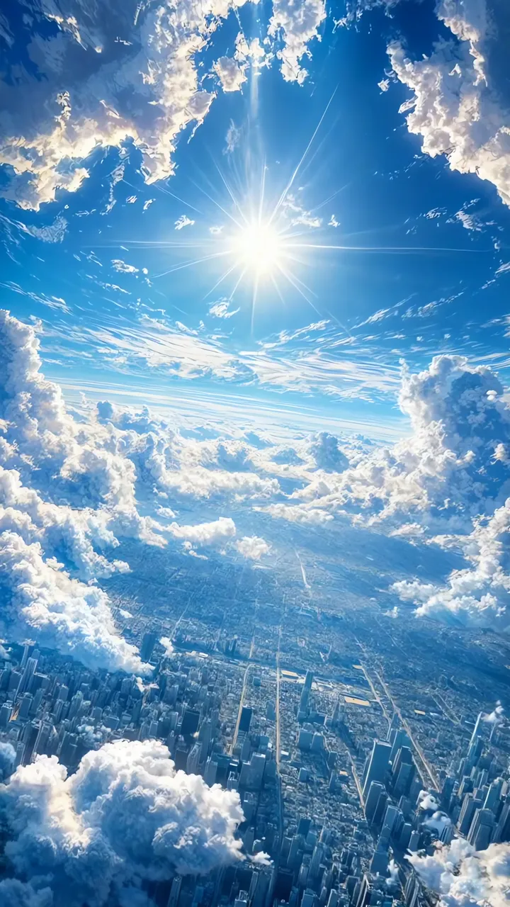 Sunburst Through Clouds Over City Skyline Aerial View