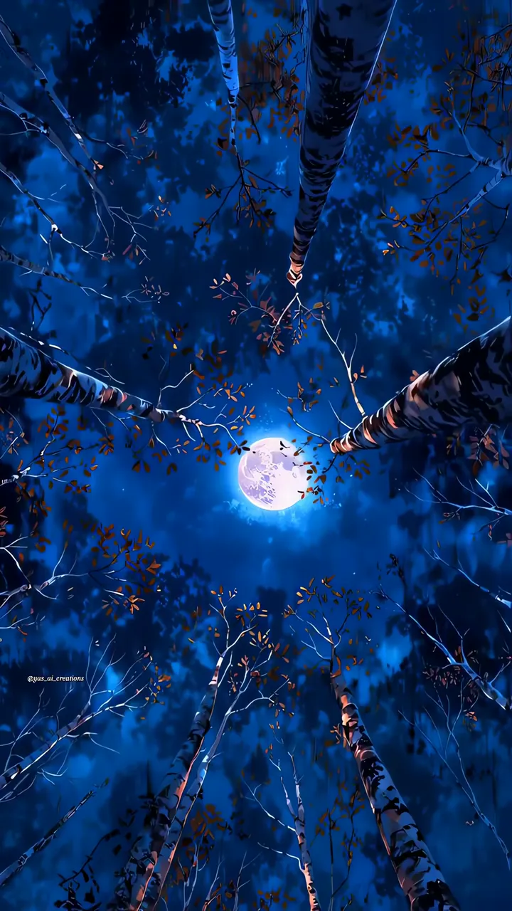 Moonlit Birch Forest Night Scene With Full Moon