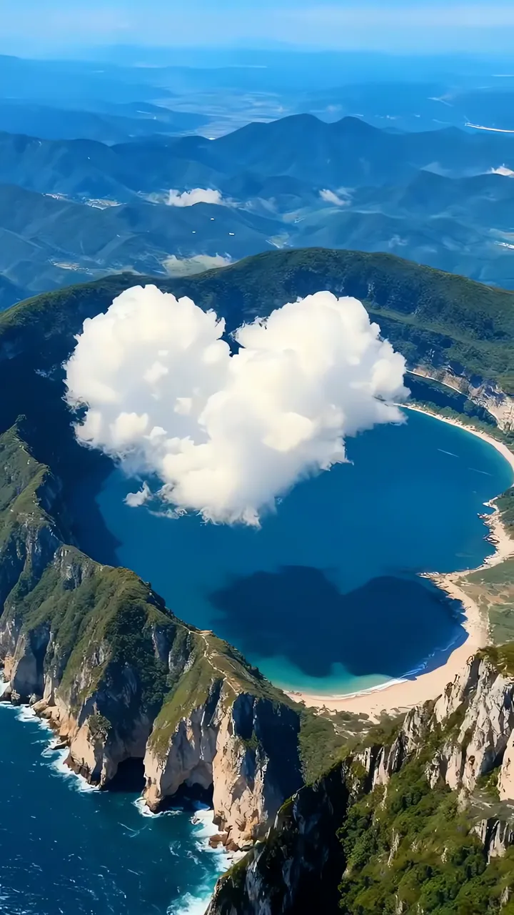 Heart-Shaped Cloud Over Tropical Beach Bay