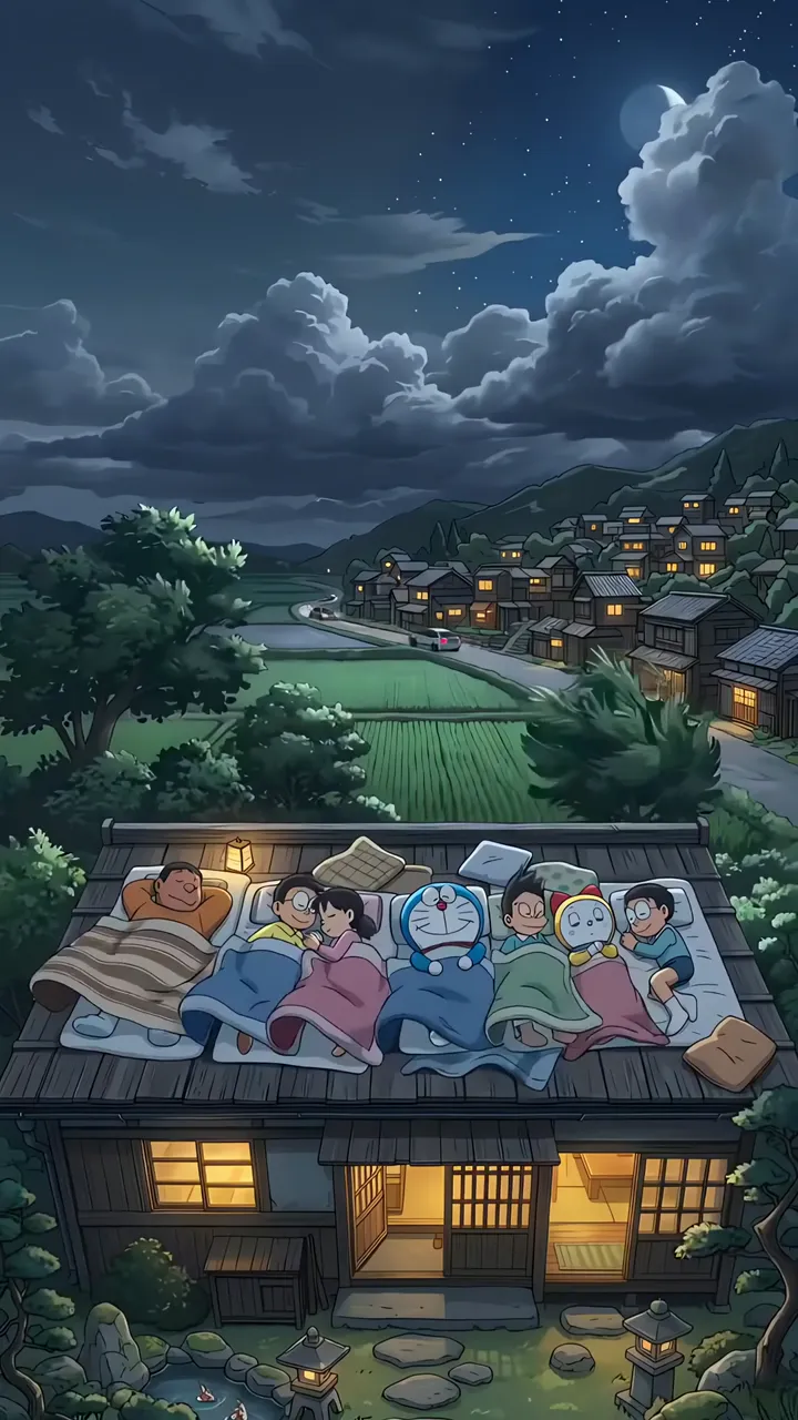 Doraemon And Friends Cozy Night Sleep On Roof Under Starry Sky