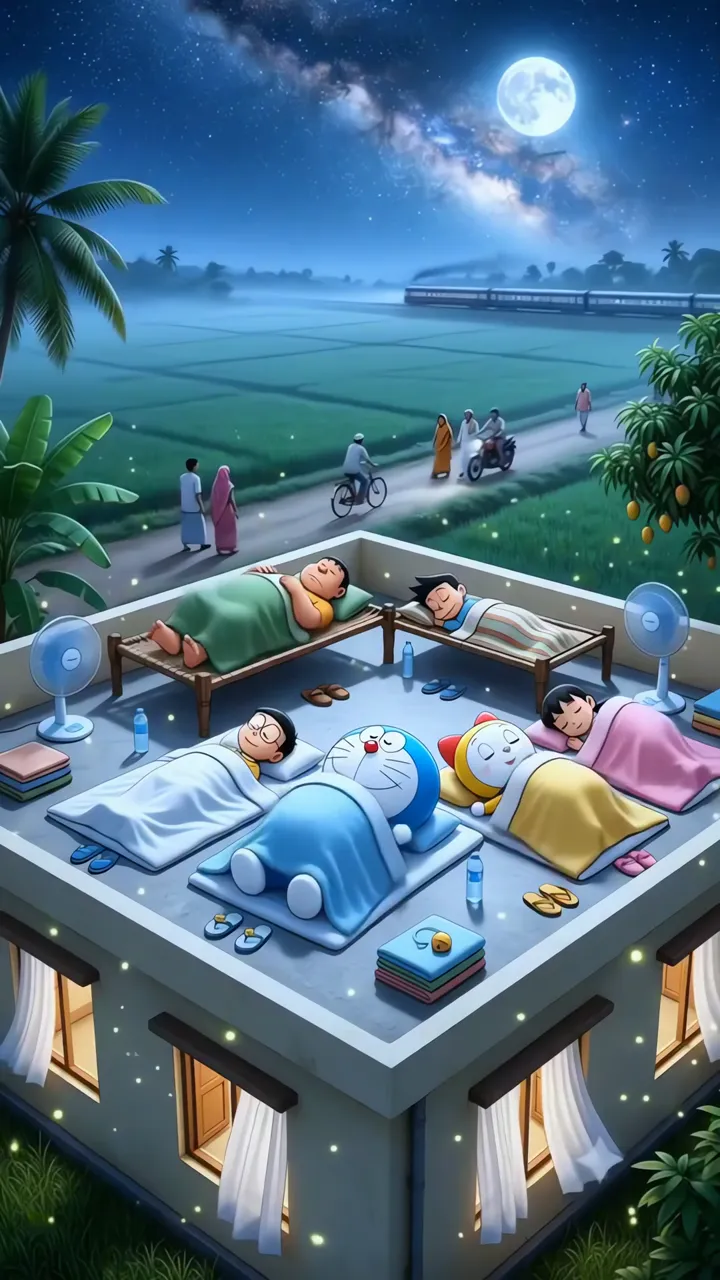 Doraemon And Friends Cozy Night Sleep On Rooftop Under Moon