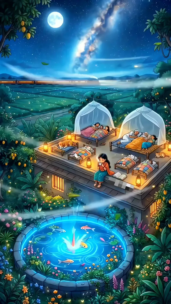 Moonlit Night Garden With Family And Koi Pond