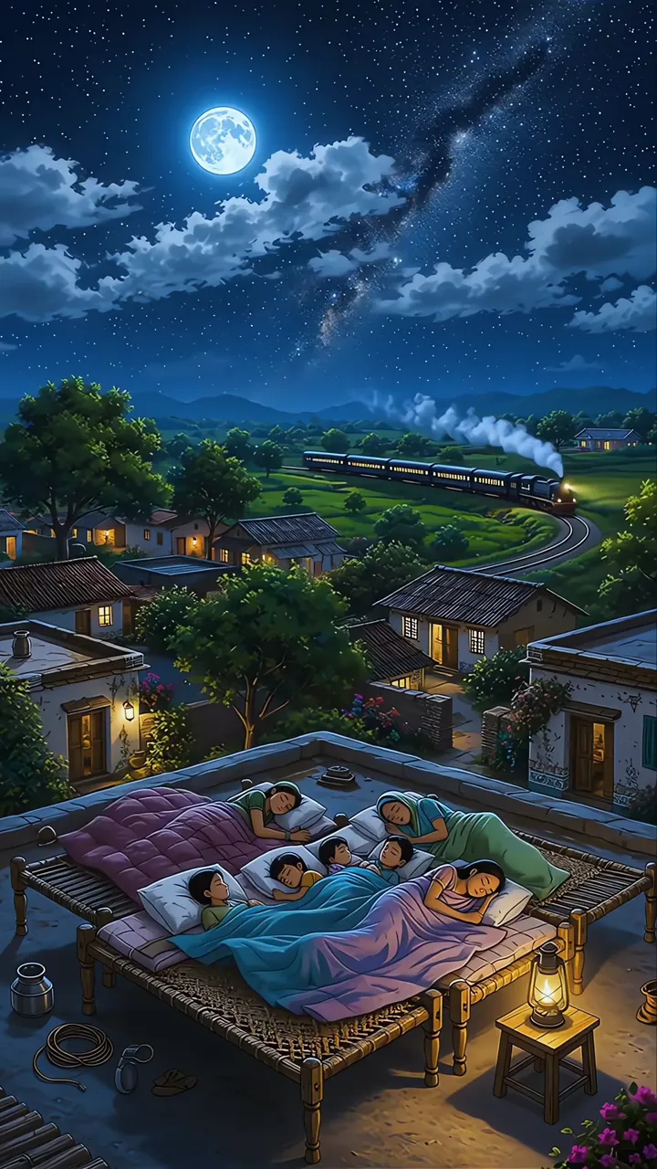 Family Sleeping On Rooftop Under Moon And Starry Night Sky
