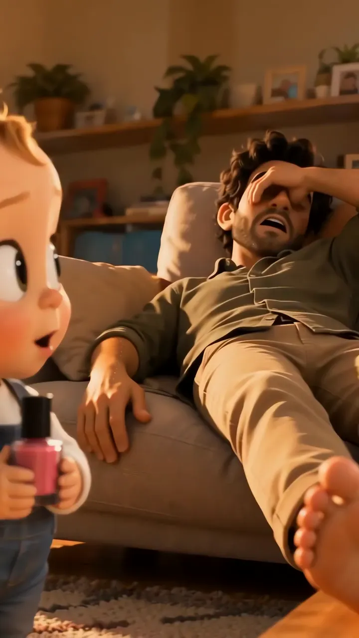 Baby With Pink Nail Polish Surprises Exhausted Dad