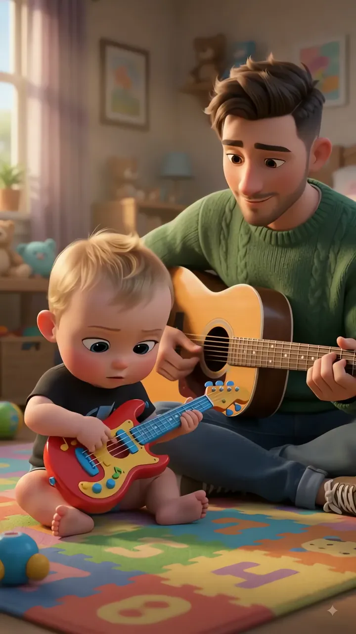 Baby Boss Playing Guitar With Dad In Cozy Playroom